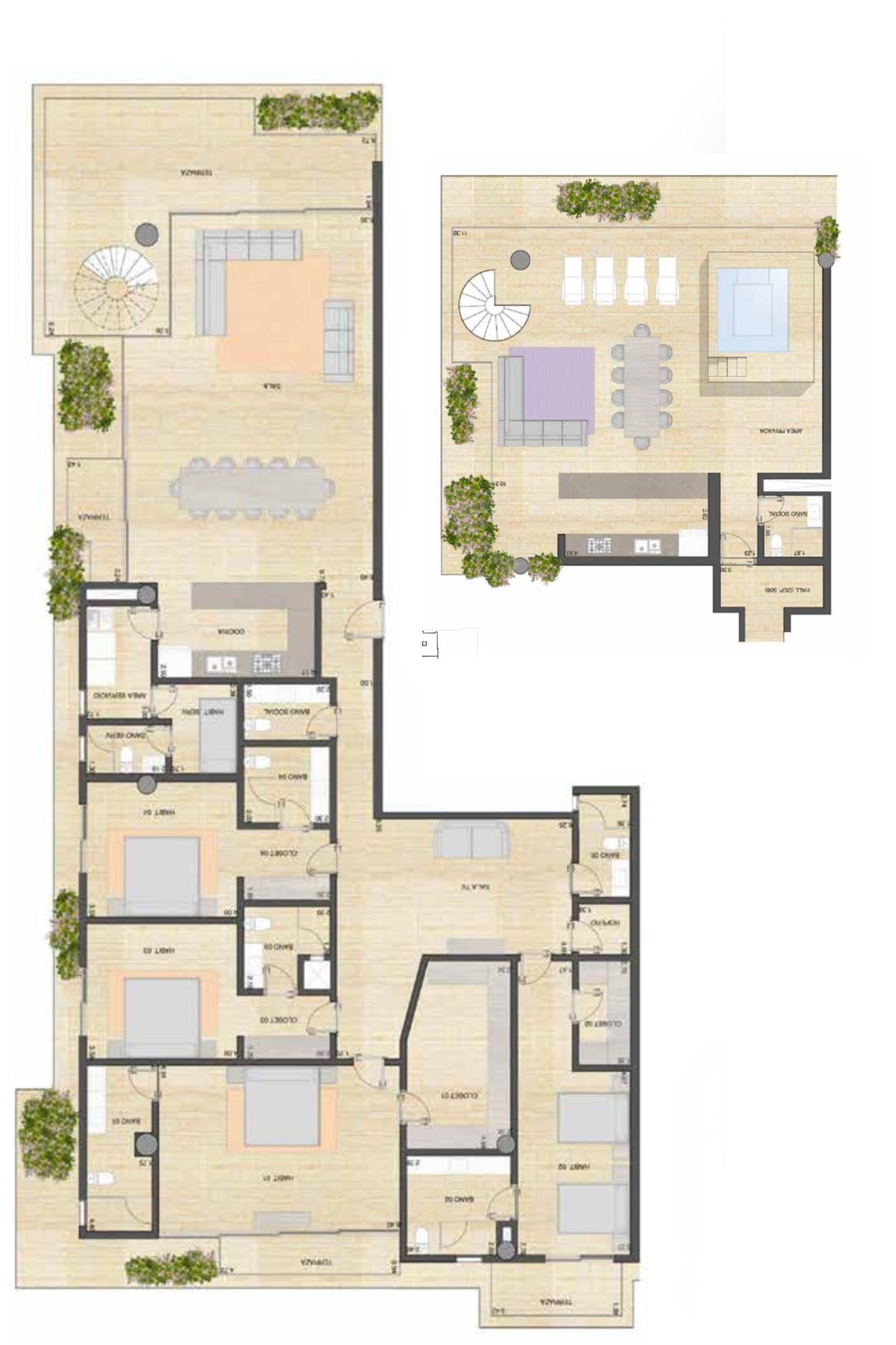 Plano de Penthouse 508 · 4 recámaras + roof top